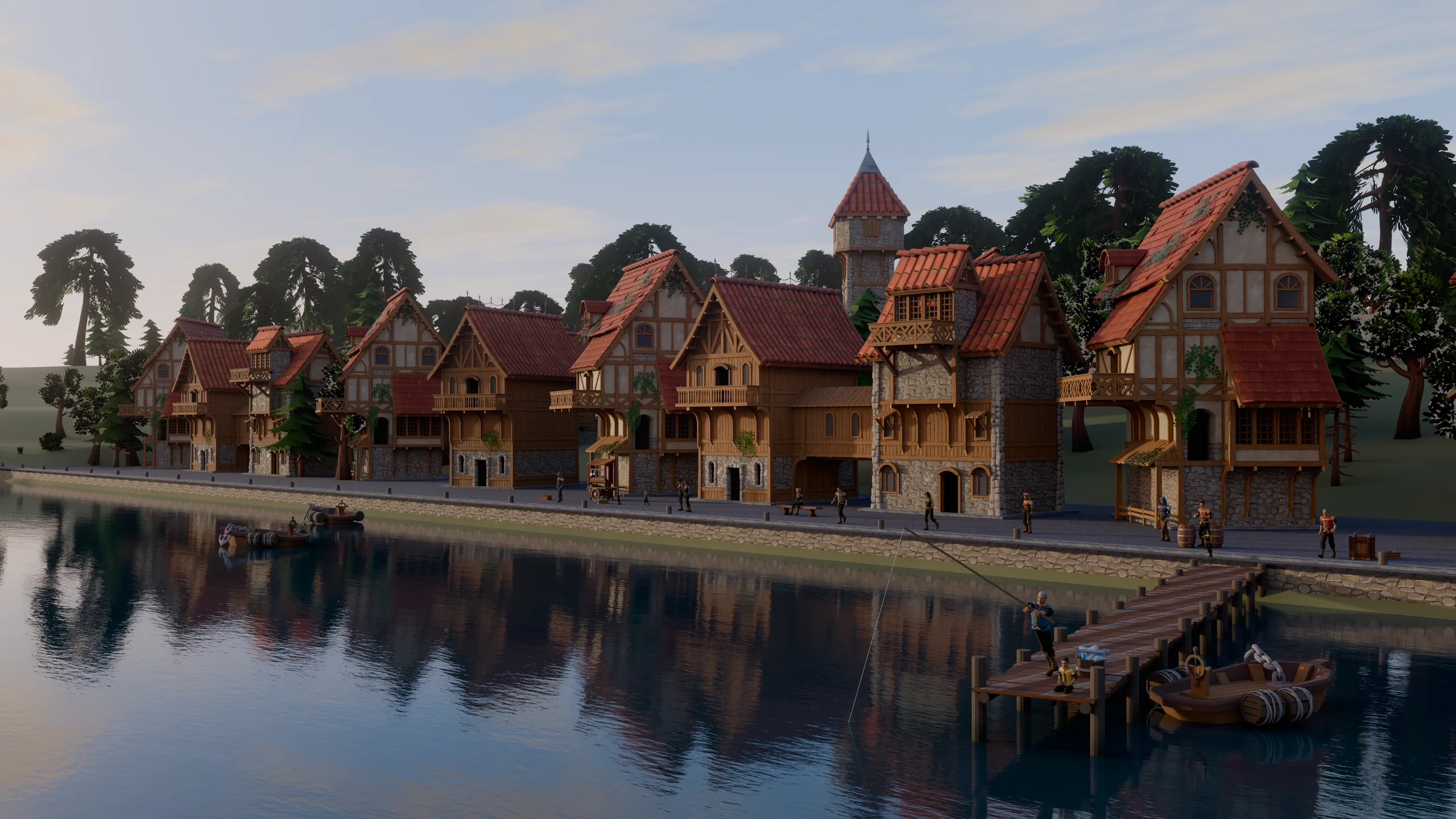 A harbour town at golden hour: timber-framed houses along a stone quay, their reflections in calm water. On a wooden jetty an old man fishes while a boy sits beside him.